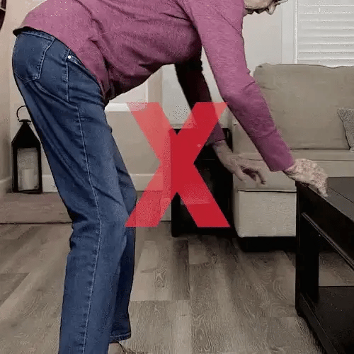 Senior woman kneeling painfully without support next to image text promoting comfort benefits of EVA foam padding